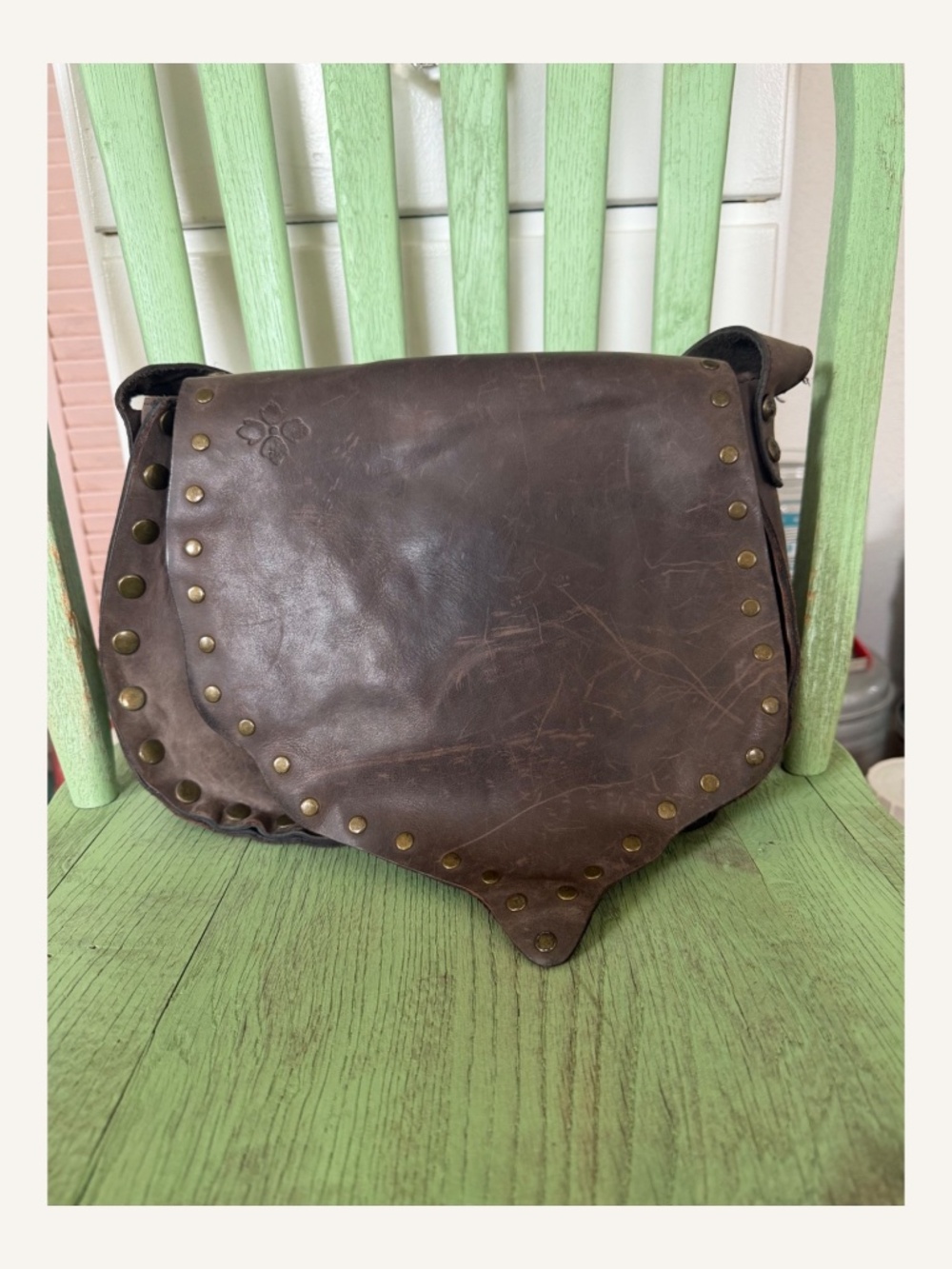 Patricia Nash Mantova Brown Distressed Leather Studded Crossbody Bag